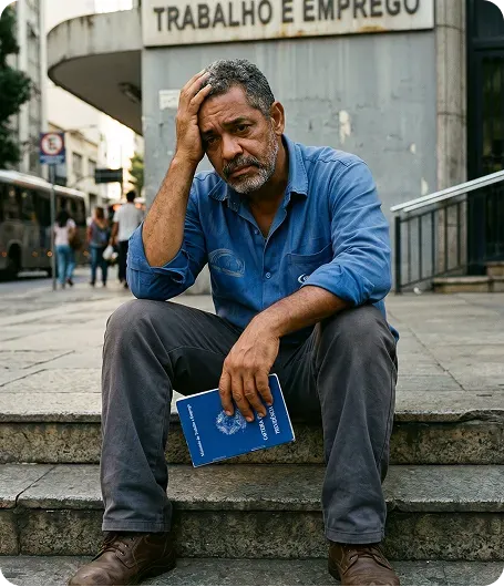Trabalhador preocupado sentado na escada de um prédio público, segurando a carteira de trabalho